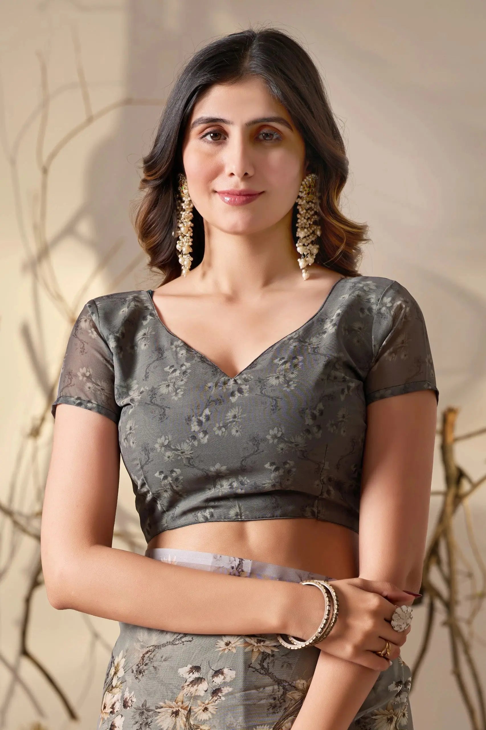 Gray Floral Digital Print Soft Georgette Saree – Kalyanja